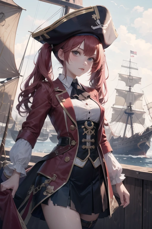 English woman,1girl,cute and beautiful fase,28yo,red hair,twintails, practical pirate attire, (long-sleeved pirate blouse), skirt,torn pirate hat, looking at viewer, fantasy,(pirate ship),cinematic lighting,masterpiece,