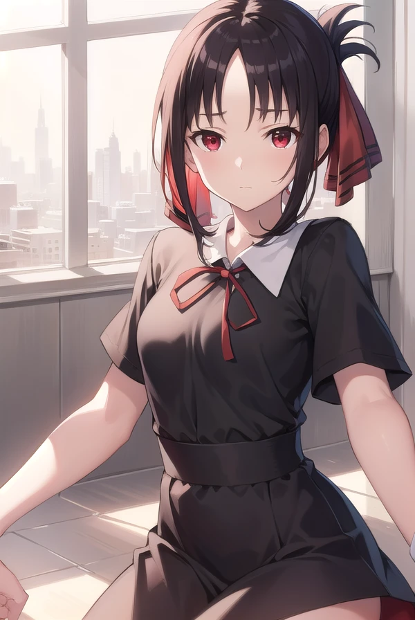 kaguyashinomiya, <lora:kaguyashinomiyatest:1>,
kaguya shinomiya, folded ponytail, forehead, hair ribbon, (red eyes:1.5), red ribbon, ribbon, short hair, sidelocks, (small breast:1.2),
BREAK black dress, dress, pinafore dress, school uniform, shirt, short sleeves, shuuchiin academy school uniform, white shirt,
BREAK looking at viewer,
BREAK indoors, classroom,
BREAK <lora:GoodHands-vanilla:1>, (masterpiece:1.2), best quality, high resolution, unity 8k wallpaper, (illustration:0.8), (beautiful detailed eyes:1.6), extremely detailed face, perfect lighting, extremely detailed CG, (perfect hands, perfect anatomy),