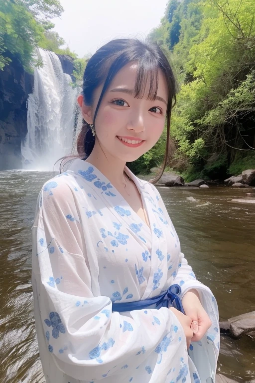 1girl,(wearing a cotton yukata with floral pattern:1.2),(in the countryside in Japan),(river and waterfall in the background:1.3),(forest scenery:1.2),greeneries and fresh nature,(RAW photo, best quality), (realistic, photo-realistic:1.4), masterpiece, an extremely delicate and beautiful, extremely detailed, 2k wallpaper, Amazing, finely detail, extremely detailed CG unity 8k wallpaper, ultra-detailed, highres, soft light, beautiful detailed girl, extremely detailed eyes and face, beautiful detailed nose, beautiful detailed eyes,cinematic lighting,perfect anatomy,slender body,bokeh,dynamic angle,light smile,