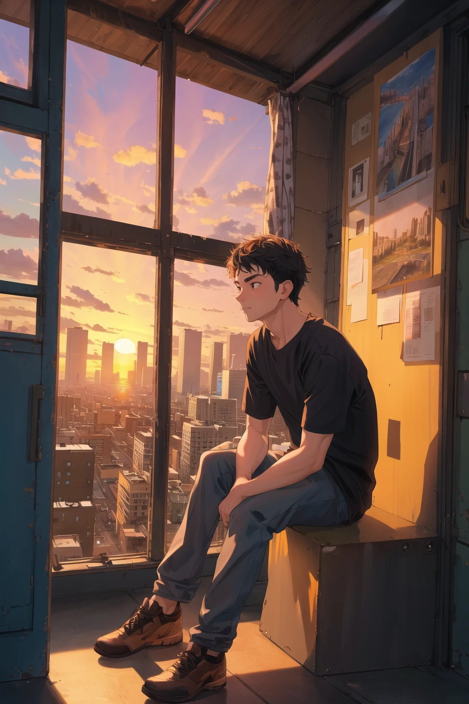 masterpiece,best quality,man,city,sunset,sitting