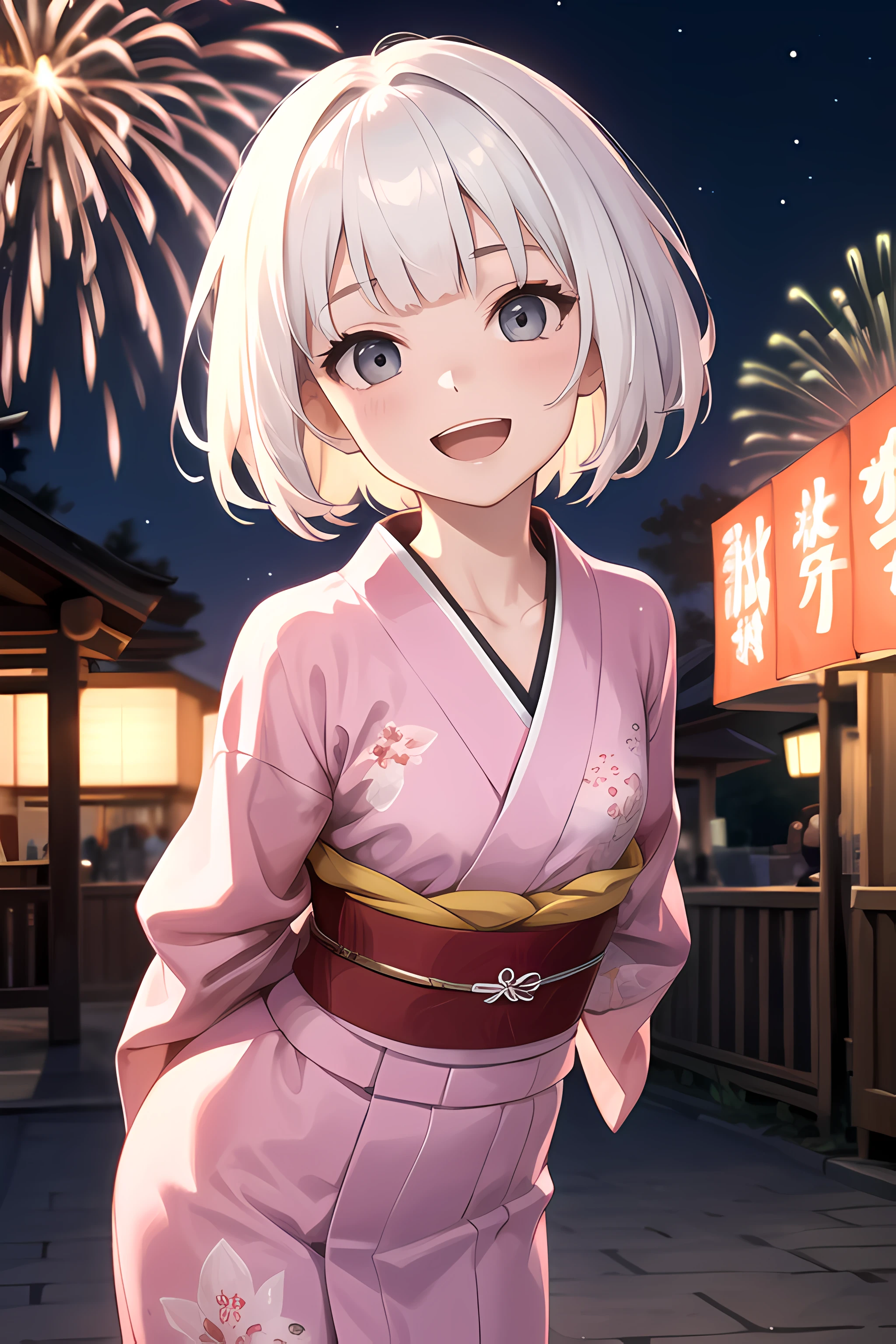 (masterpiece), best quality, highres, ultra-detailed, 1girl, white hair, grey eyes, short straight hair, blunt bangs, flat chest, narrow waist, petite, pale skin, outdoors, summer festival, night, night sky, japanese clothes, pink kimono, floral print, yukata, red obi, looking at viewer,facing viewer, leaning, leaning forward, arms behind back, happy, open mouth, smile, aerial fireworks, cowboy shot,