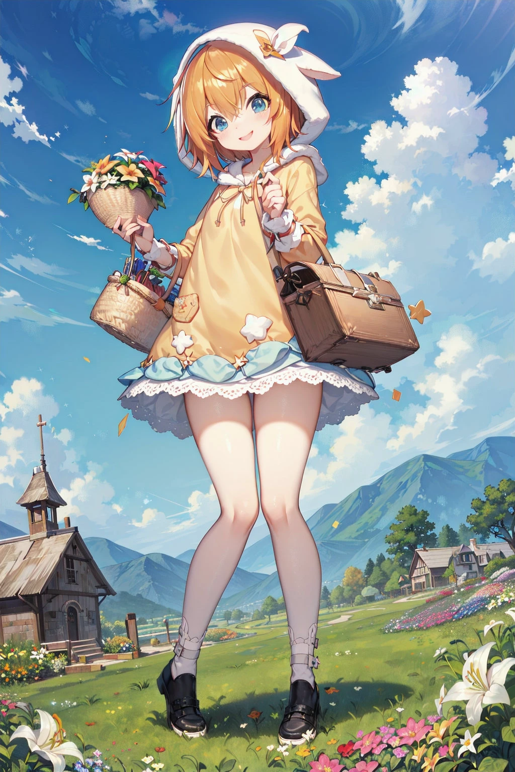 masterpiece, absurdres, highland, mountain, sky, flower garden, lily \(flower\), wind, full body, landscape
standing, holding lunchbox, basket, smile, action
tkle, hood, quilted clothes, orange hair
<lyco:uchihime-twinkle-t2:0.7>
