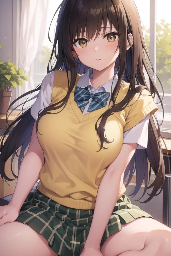 kotegawayui, <lora:yuikotegawatest:1>,
yui kotegawa, black hair, (brown eyes:1.5), long hair,
BREAK green skirt, plaid, plaid skirt, sainan high school uniform, school uniform, skirt, sweater vest, (yellow sweater:1.3), short sleeves,
BREAK looking at viewer,
BREAK indoors, classroom,
BREAK <lora:GoodHands-vanilla:1>, (masterpiece:1.2), best quality, high resolution, unity 8k wallpaper, (illustration:0.8), (beautiful detailed eyes:1.6), extremely detailed face, perfect lighting, extremely detailed CG, (perfect hands, perfect anatomy),