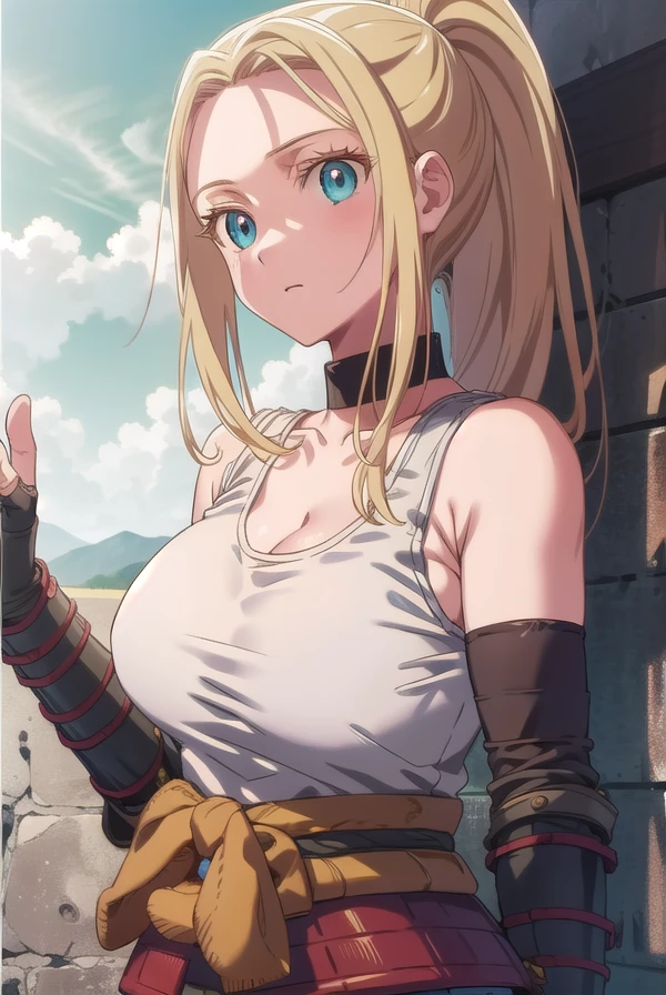 beatrixamerhauser, <lora:beatrixamerhausertest:1>,
beatrix amerhauser, long hair, blue eyes, blonde hair, gloves, ponytail, (medium breast:1.2),
BREAK gloves, fingerless gloves, armor, japanese armor, tank top, white tank top, cleavage, collarbone,
BREAK looking at viewer,
BREAK outdoors,
BREAK <lora:GoodHands-vanilla:1>, (masterpiece:1.2), best quality, high resolution, unity 8k wallpaper, (illustration:0.8), (beautiful detailed eyes:1.6), extremely detailed face, perfect lighting, extremely detailed CG, (perfect hands, perfect anatomy),