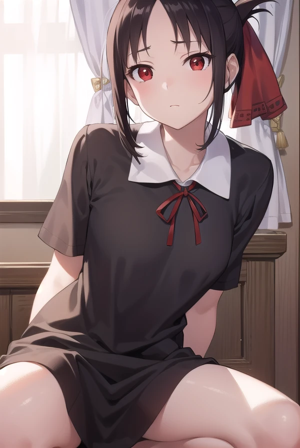 kaguyashinomiya, <lora:kaguyashinomiyatest:1>,
kaguya shinomiya, folded ponytail, forehead, hair ribbon, (red eyes:1.5), red ribbon, ribbon, short hair, sidelocks, (small breast:1.2),
BREAK black dress, dress, pinafore dress, school uniform, shirt, short sleeves, shuuchiin academy school uniform, white shirt,
BREAK looking at viewer,
BREAK indoors, classroom,
BREAK <lora:GoodHands-vanilla:1>, (masterpiece:1.2), best quality, high resolution, unity 8k wallpaper, (illustration:0.8), (beautiful detailed eyes:1.6), extremely detailed face, perfect lighting, extremely detailed CG, (perfect hands, perfect anatomy),