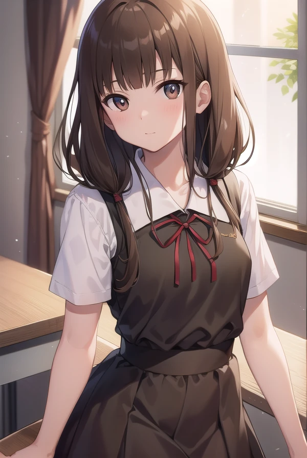 mikoiino, <lora:mikoiinotest:1>,
miko iino, blunt bangs, (brown eyes:1.5), brown hair, hair tie, long hair, low twintails, red ribbon, ribbon, twintails, (small breast:1.2),
BREAK black dress, dress, pinafore dress, school uniform, shirt, short sleeves, shuuchiin academy school uniform, white shirt, armband,
BREAK looking at viewer,
BREAK indoors, classroom,
BREAK <lora:GoodHands-vanilla:1>, (masterpiece:1.2), best quality, high resolution, unity 8k wallpaper, (illustration:0.8), (beautiful detailed eyes:1.6), extremely detailed face, perfect lighting, extremely detailed CG, (perfect hands, perfect anatomy),