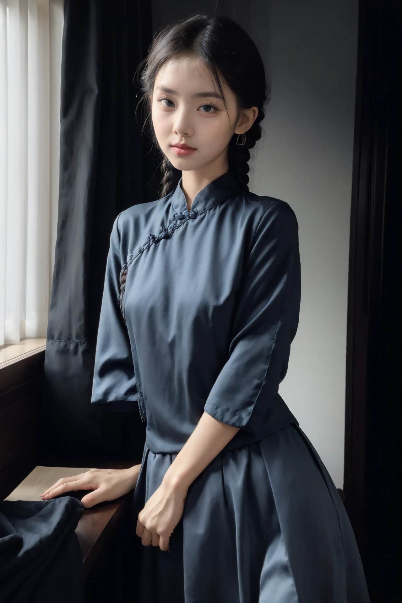 (Color negative portrait photography) of a school girl with (hanging braids),AS-Young,(small head:1.2),dynamic angle,<lora:GFMix-dwy235:0.8>,light smile,<lora:ChinaDressV2.0:0.55>,(Satin_brocade blue Chinese upshirt,black long skirt:1.2),(((inside mansion,study room))),
(cinematic look:1.4),soothing tones,insane details,intricate details,hyperdetailed,low contrast,soft cinematic light,blurry,dim colors,hdr,raw,(film grain:1.5),
<lora:LowRA:0.4>,1930s \(style\),lowkey,