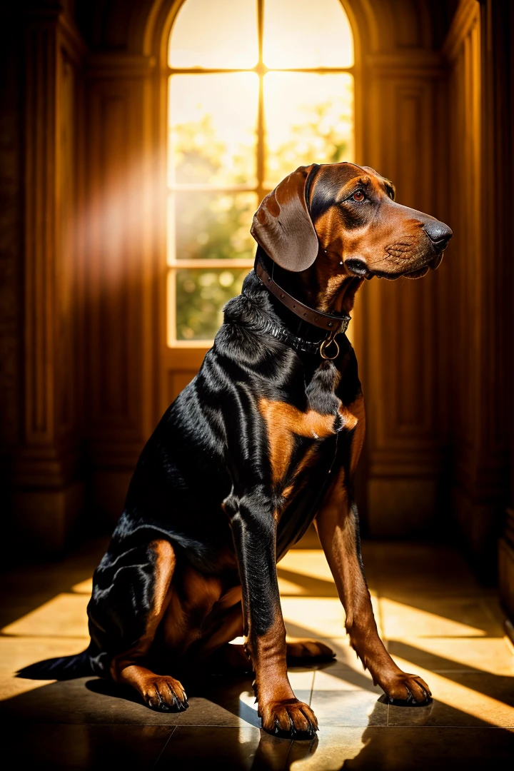 photo RAW,(A bloodhound detective that locates a vampire lair), masterpiece, award winning photography, natural light, perfect composition, high detail, hyper realistic,lens flare,Timeless Elegance, Classic Tones, Refined Lighting, depth of field,sharp focus
