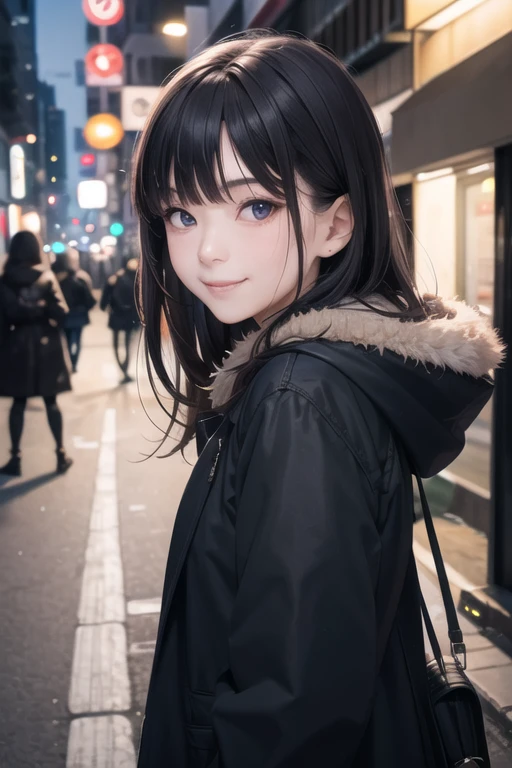 1girl,japanese, outdoors, street, evil smile, looking at viewer, closed mouth,black coat,