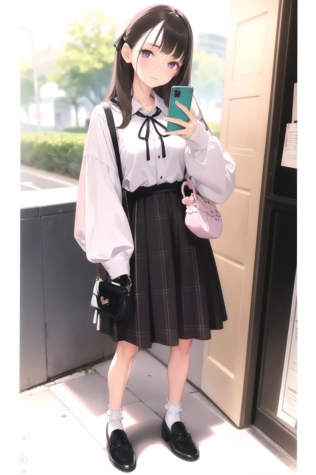 <lora:ama_mitsuki_v0.1:1>
1girl, solo, long hair, looking at viewer, bangs, skirt, simple background, brown hair, shirt, long sleeves, white background, ribbon, holding, standing, purple eyes, full body, white shirt, shoes, socks, pink eyes, bag, black footwear, sleeves past wrists, plaid, black ribbon, neck ribbon, plaid skirt, phone, cellphone, white socks, smartphone, holding phone, high-waist skirt, handbag, shoulder bag, bobby socks, masterpiece, best quality, highly detailed