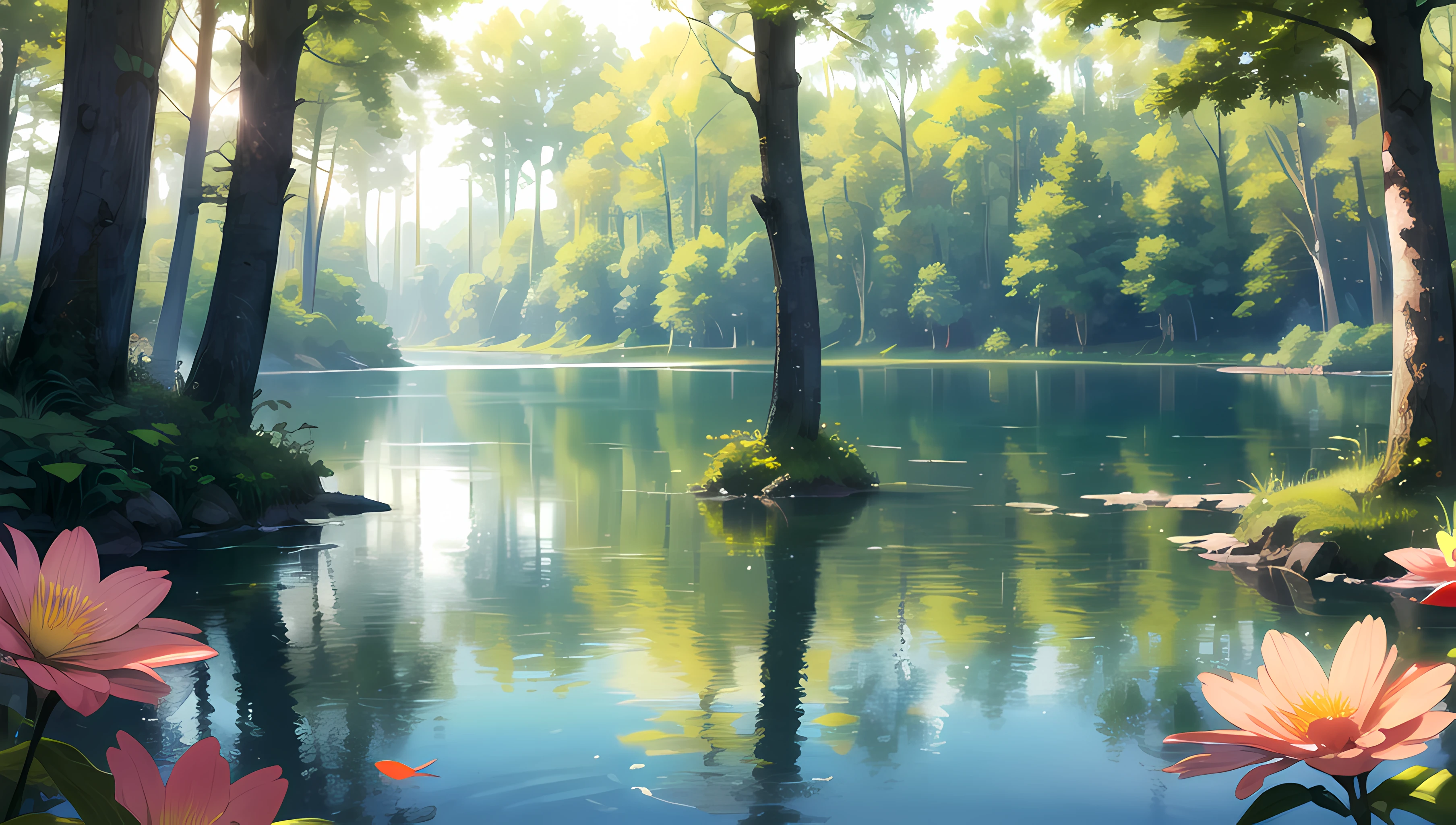 (masterpiece), best quality, highres, ultra-detailed, beautiful, no humans, panorama, day, summer, sunlight, forest, lake, water, reflective water, sparkle, bird, flower,