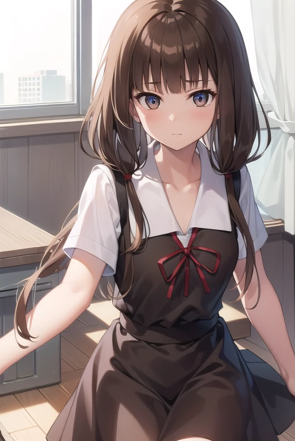 mikoiino, <lora:mikoiinotest:1>,
miko iino, blunt bangs, (brown eyes:1.5), brown hair, hair tie, long hair, low twintails, red ribbon, ribbon, twintails, (small breast:1.2),
BREAK black dress, dress, pinafore dress, school uniform, shirt, short sleeves, shuuchiin academy school uniform, white shirt, armband,
BREAK looking at viewer,
BREAK indoors, classroom,
BREAK <lora:GoodHands-vanilla:1>, (masterpiece:1.2), best quality, high resolution, unity 8k wallpaper, (illustration:0.8), (beautiful detailed eyes:1.6), extremely detailed face, perfect lighting, extremely detailed CG, (perfect hands, perfect anatomy),