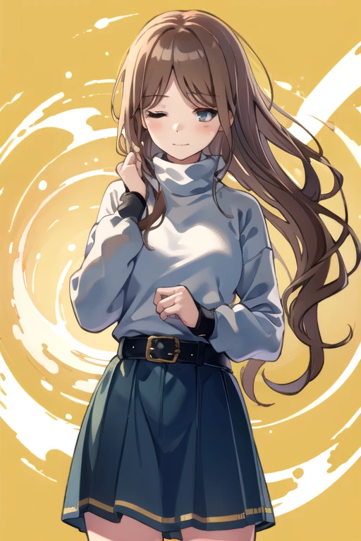 <lora:NagasakiSoyo-10:0.7> , soyomygo, 1girl, solo, long hair, skirt, brown hair, long sleeves, closed mouth, one eye closed, belt, hand up, sweater,blue skirt, parted bangs, looking to the side, turtleneck,yellow background, black belt, grey sweater