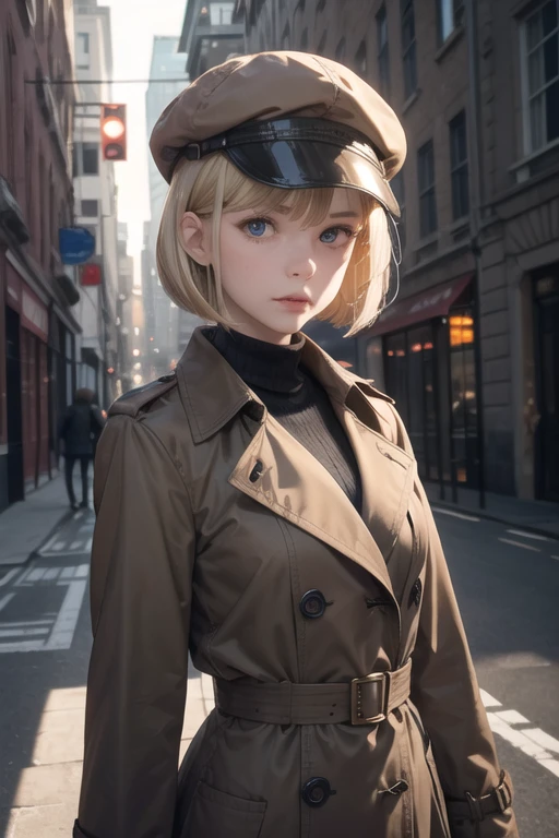 British 1girl,cute detailed face,20yo,blonde hair, bob cut, detective,brown flat cap,brown trench coat, checkered skirt, cinematic lighting,looking at viewer,