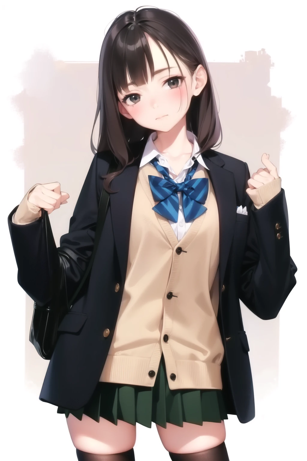 <lora:ama_mitsuki_v0.1:1>
1girl, solo, long hair, looking at viewer, blush, bangs, skirt, simple background, brown hair, shirt, long sleeves, white background, bow, closed mouth, school uniform, standing, jacket, white shirt, pleated skirt, open clothes, socks, collared shirt, hand up, miniskirt, bowtie, bag, open jacket, black jacket, head tilt, sleeves past wrists, kneehighs, swept bangs, stuffed toy, blazer, backpack, cardigan, stuffed animal, wing collar, green skirt, black socks, arm at side, hand in own hair, masterpiece, best quality, highly detailed