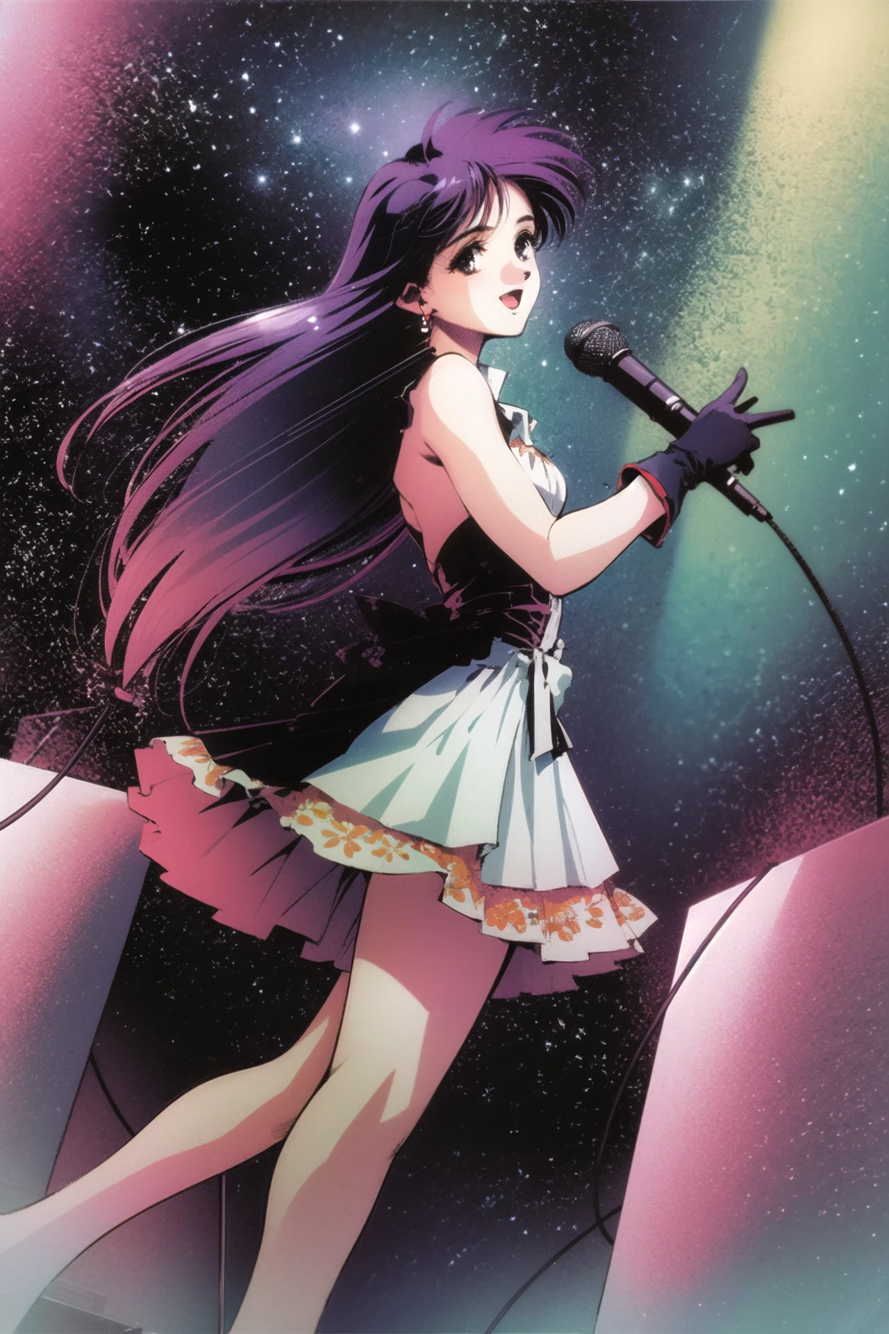 1girl, solo, 1980s (style), long hair, microphone, holding microphone, gloves, retro artstyle, purple hair, space, earrings, jewelry, dress, <lora:msbqy:0.9>