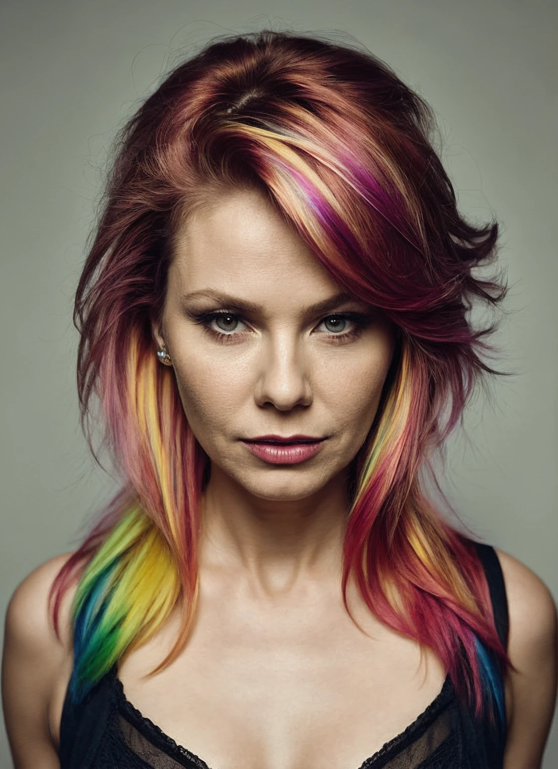 portrait of sks woman by Flora Borsi, style by Flora Borsi, bold, bright colours, rainbow Mohawk haircut, ((Flora Borsi)), <lora:locon_andrearoth_v1_from_v1_64_32:1>