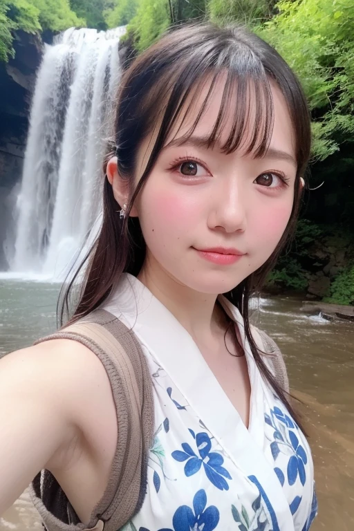 1girl,(wearing a cotton yukata with floral pattern:1.2),(in the countryside in Japan),(river and waterfall in the background:1.3),(forest scenery:1.2),greeneries and fresh nature,(RAW photo, best quality), (realistic, photo-realistic:1.4), masterpiece, an extremely delicate and beautiful, extremely detailed, 2k wallpaper, Amazing, finely detail, extremely detailed CG unity 8k wallpaper, ultra-detailed, highres, soft light, beautiful detailed girl, extremely detailed eyes and face, beautiful detailed nose, beautiful detailed eyes,cinematic lighting,perfect anatomy,slender body,bokeh,dynamic angle,light smile,