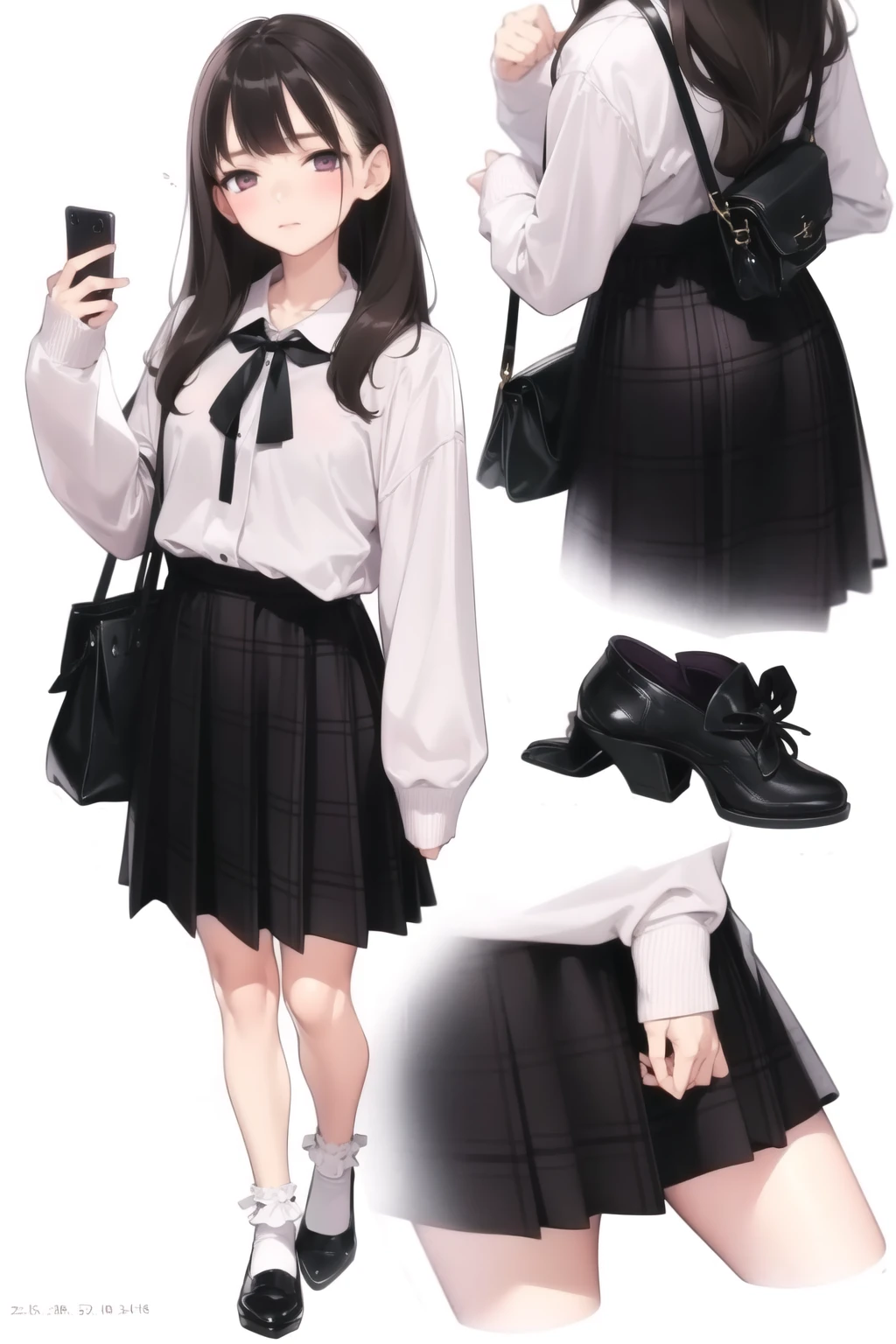 <lora:ama_mitsuki_v0.1:1>
1girl, solo, long hair, looking at viewer, bangs, skirt, simple background, brown hair, shirt, long sleeves, white background, ribbon, holding, standing, purple eyes, full body, white shirt, shoes, socks, pink eyes, bag, black footwear, sleeves past wrists, plaid, black ribbon, neck ribbon, plaid skirt, phone, cellphone, white socks, smartphone, holding phone, high-waist skirt, handbag, shoulder bag,  bobby socks, masterpiece, best quality, highly detailed