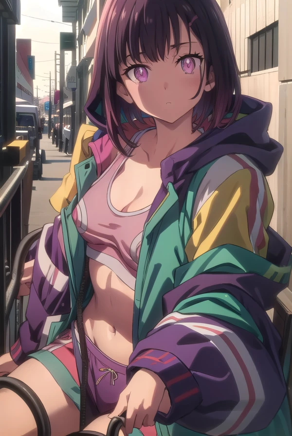 shizukamikazuki, <lora:shizukamikazukitest:1>,
shizuka mikazuki, short hair, purple hair, hair ornament, hairclip, (pink eyes:1.5), swept bangs, (small breast:1.2),
BREAK navel, cleavage, jacket, open clothes, midriff, hood, open jacket, blue jacket, hooded jacket, sports bra, hood down,
BREAK looking at viewer,
BREAK outdoors,
BREAK <lora:GoodHands-vanilla:1>, (masterpiece:1.2), best quality, high resolution, unity 8k wallpaper, (illustration:0.8), (beautiful detailed eyes:1.6), extremely detailed face, perfect lighting, extremely detailed CG, (perfect hands, perfect anatomy),