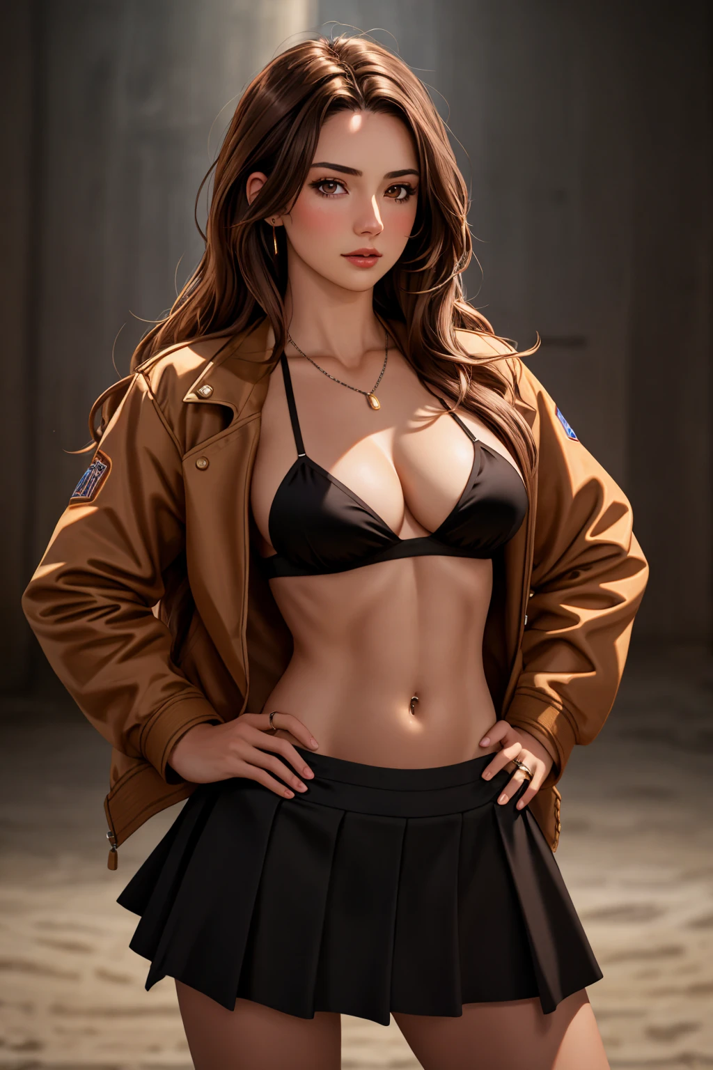 Masterpiece, absurdres,HDR,8k,excited,best quality, cowboy shot
edgSDress, 1girl, solo, long hair, breasts, looking at viewer, skirt, brown hair,  navel, brown eyes, jewelry, jacket, midriff, black skirt, lips, no bra, ring, realistic , wearing edgSDress
 <lora:edgSDress:0.787>