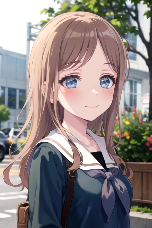 <lora:NagasakiSoyo-10:0.7> , soyomygo, 1girl, solo, long hair, blush, smile, blue eyes, brown hair, shirt, closed mouth, school uniform, flower, outdoors, sailor collar, blurry, tree, blurry background, portrait