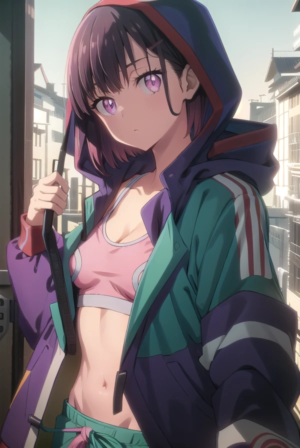 shizukamikazuki, <lora:shizukamikazukitest:1>,
shizuka mikazuki, short hair, purple hair, hair ornament, hairclip, (pink eyes:1.5), swept bangs, (small breast:1.2),
BREAK navel, cleavage, jacket, open clothes, midriff, hood, open jacket, blue jacket, hooded jacket, sports bra, hood down,
BREAK looking at viewer,
BREAK outdoors,
BREAK <lora:GoodHands-vanilla:1>, (masterpiece:1.2), best quality, high resolution, unity 8k wallpaper, (illustration:0.8), (beautiful detailed eyes:1.6), extremely detailed face, perfect lighting, extremely detailed CG, (perfect hands, perfect anatomy),