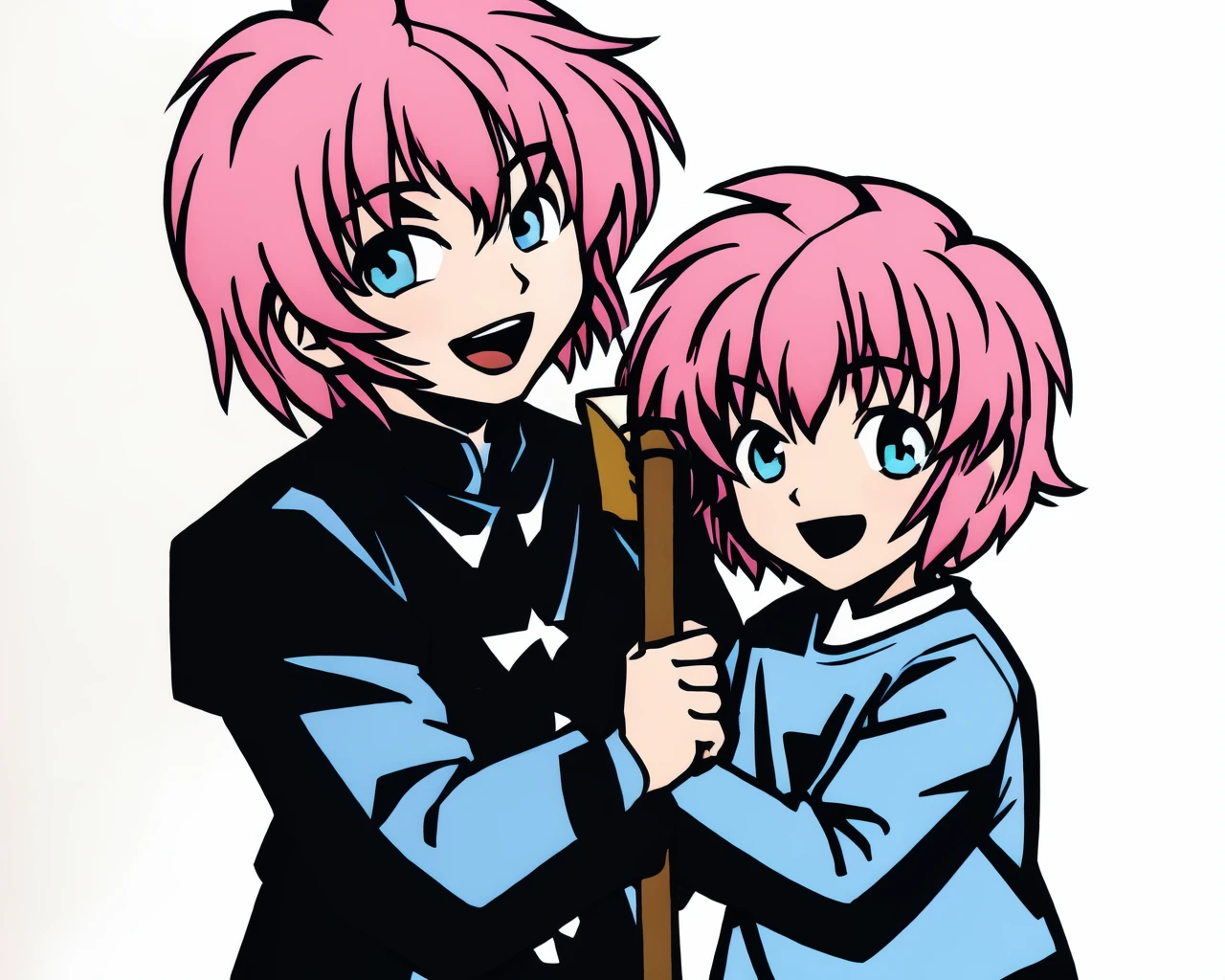 <lora:stencil_v1:0.7>, black_background, white_line, blue light, blue tone, 2boys, smile, red castle, short hair, open mouth, simple background, shirt, black hair, long sleeves, smile, two-tone background, star, night, (holding huge rod:1), (pink hair:1.1)