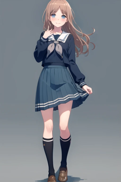 <lora:NagasakiSoyo-10:0.7> , soyomygo, 1girl, solo, long hair, looking at viewer, blush, smile, blue eyes, skirt, simple background, brown hair, shirt, long sleeves, closed mouth, school uniform, standing, full body, pleated skirt, shoes, serafuku, socks, hand up, sailor collar, blue skirt, neckerchief, kneehighs, brown footwear, blue shirt, hand on own chest, black background, black socks, loafers, arm behind back, white sailor collar, blue serafuku