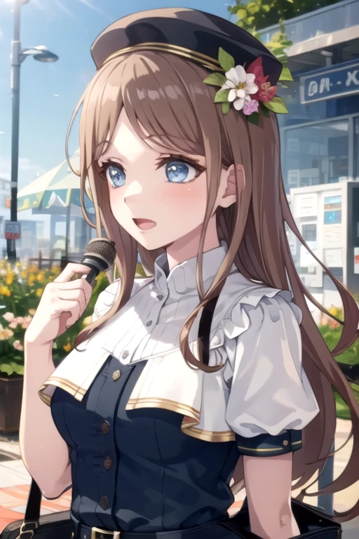 <lora:NagasakiSoyo-10:0.7> , soyomygo, 1girl, solo, long hair, open mouth, blue eyes, brown hair, hat, flower, black headwear