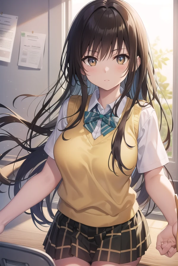 kotegawayui, <lora:yuikotegawatest:1>,
yui kotegawa, black hair, (brown eyes:1.5), long hair,
BREAK green skirt, plaid, plaid skirt, sainan high school uniform, school uniform, skirt, sweater vest, (yellow sweater:1.3), short sleeves,
BREAK looking at viewer,
BREAK indoors, classroom,
BREAK <lora:GoodHands-vanilla:1>, (masterpiece:1.2), best quality, high resolution, unity 8k wallpaper, (illustration:0.8), (beautiful detailed eyes:1.6), extremely detailed face, perfect lighting, extremely detailed CG, (perfect hands, perfect anatomy),