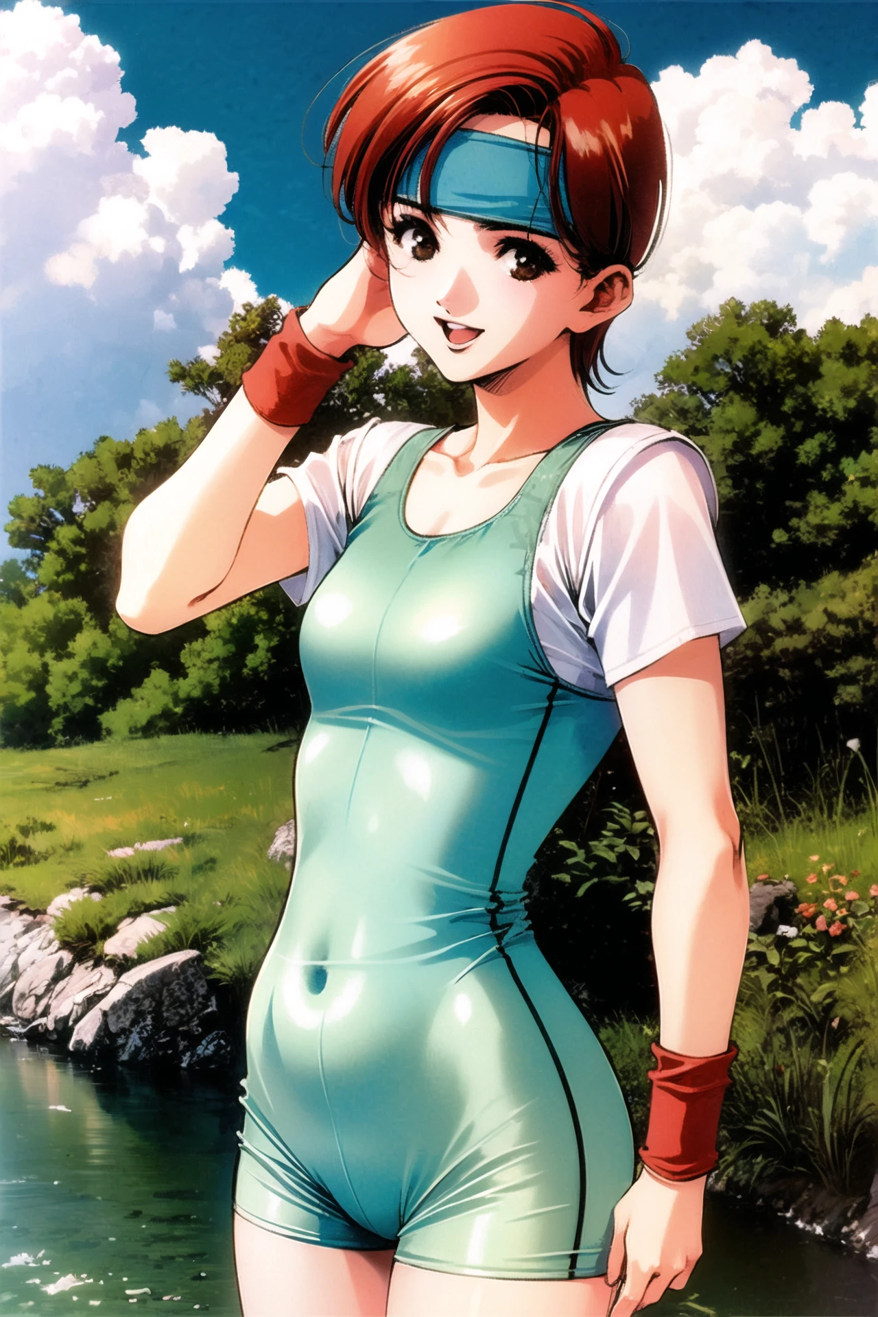 1girl, solo, open mouth, retro artstyle, wet, wristband, day, sky, headband, smile, cloud, short hair, outdoors, water, brown eyes, leotard, red hair, one-piece swimsuit, swimsuit, wet clothes, shirt, short sleeves, holding, 1990s (style), looking at viewer, cowboy shot, brown hair, :d, <lora:msbqy:0.9>