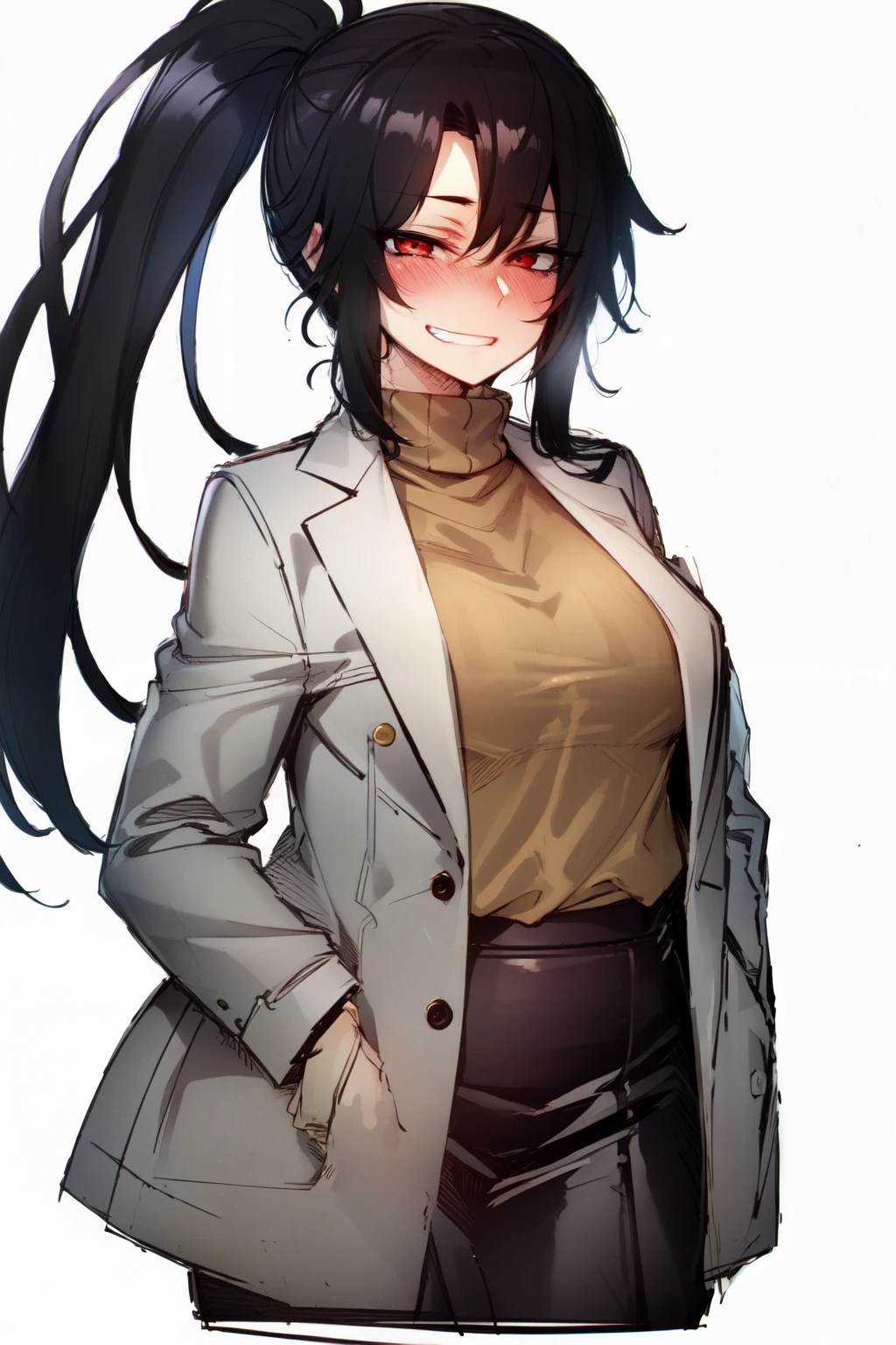 <lyco:ratatatat74 style:1>, 1girl,solo,blush, looking at viewer, red eyes, high ponytail,turtleneck, turtleneck sweater, black jacket, white sweater, white background, brown coat, grin,