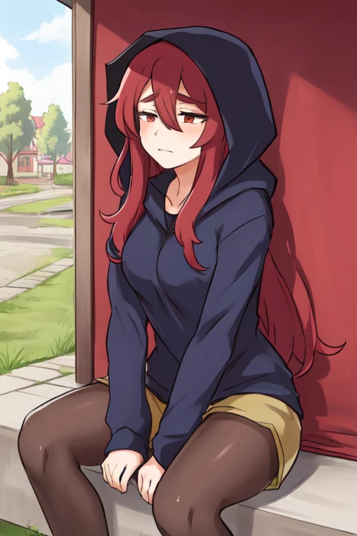 Nachiroux, red eyes, long red hair, half-closed eyes, bored, solo, sitting in shade, hot day,
Colbert,long sleeves, black hoodie, hood up, shorts, pantyhose, brown shoes,
fantasy, in town square, morning,
(insanely detailed, beautiful detailed face, masterpiece, best quality),
<lora:Nachiroux:0.7>