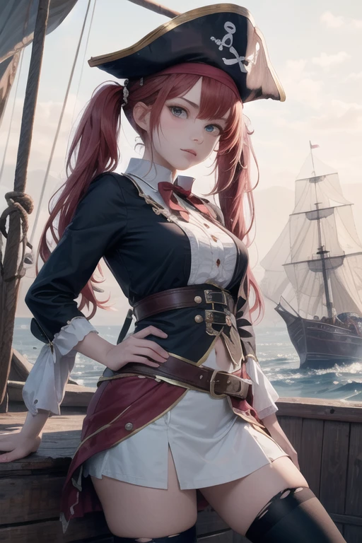 English woman,1girl,cute and beautiful fase,28yo,red hair,twintails, practical pirate attire, (long-sleeved pirate blouse), skirt,torn pirate hat, looking at viewer, fantasy,(pirate ship),cinematic lighting,masterpiece,