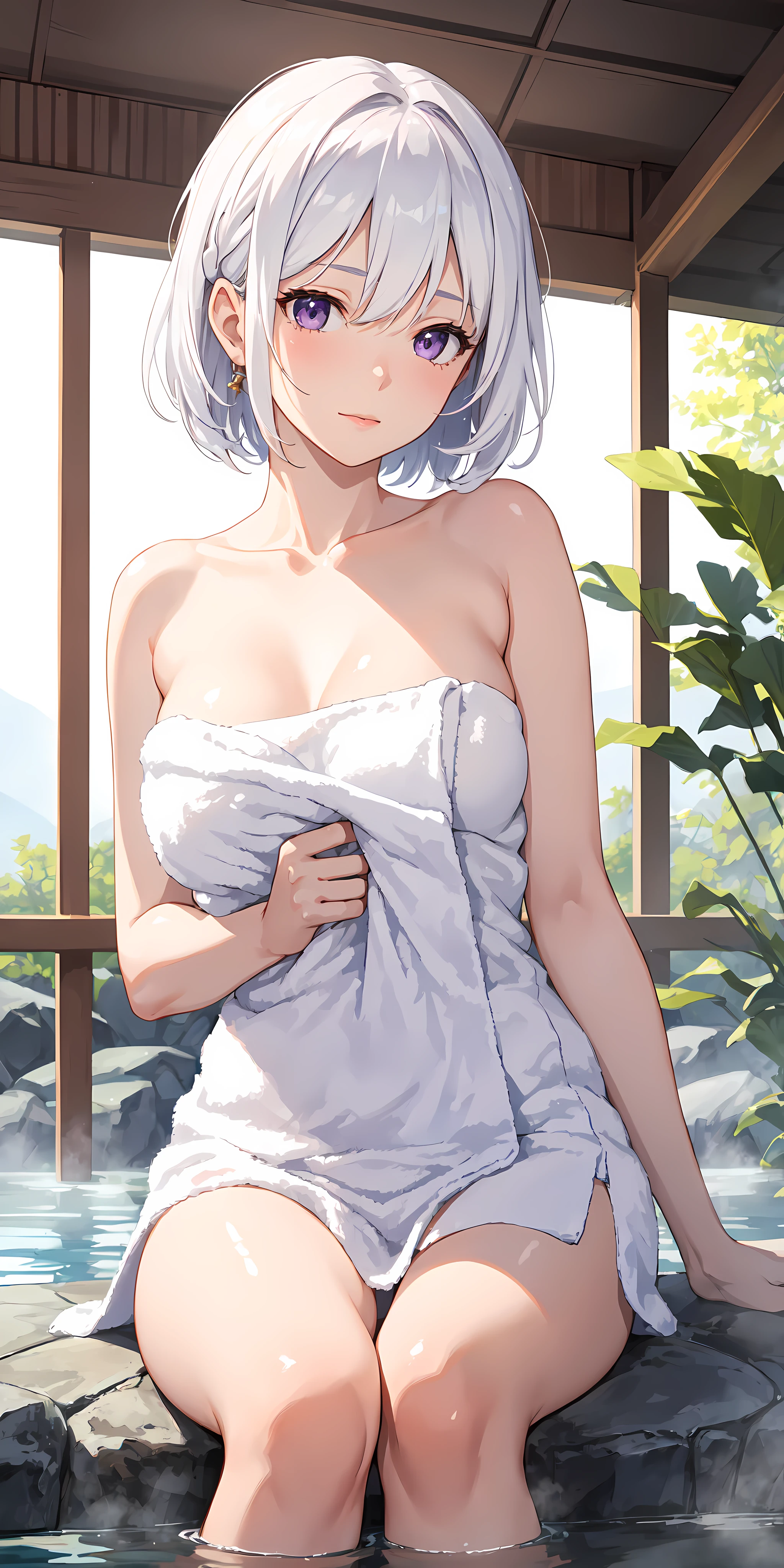 Masterpiece1 girl， White hair, Purple eye, sportrait, photorealestic, Towels, (Onsen), side-lighting, the wallpaper, NSFW,