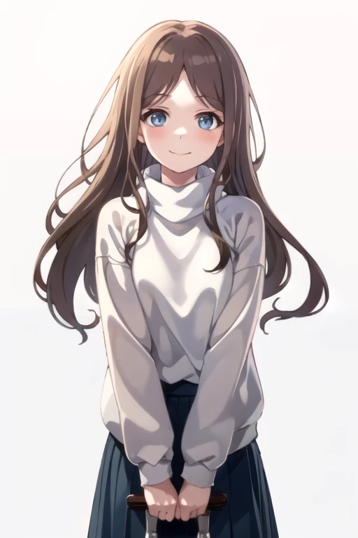 <lora:NagasakiSoyo-10:0.7> , soyomygo, 1girl, solo, long hair, looking at viewer, smile, blue eyes, skirt, simple background, brown hair, long sleeves, white background, sweater, blue skirt, gradient, parted bangs, leaning forward, turtleneck, white sweater