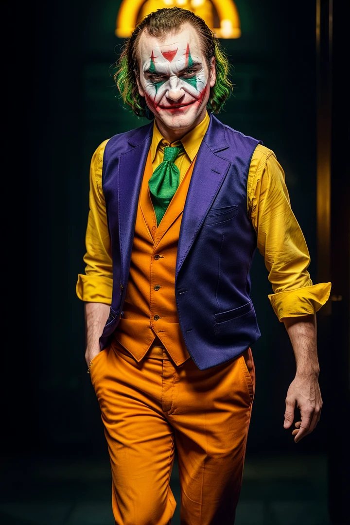 photo RAW,(smiling Joaquin Phoenix as joker,dancing, joker face paint, red vest and pants, yellow shirt, green tie, (high detailed skin:1.2)), masterpiece, award winning photography, natural light, perfect composition, high detail, hyper realistic