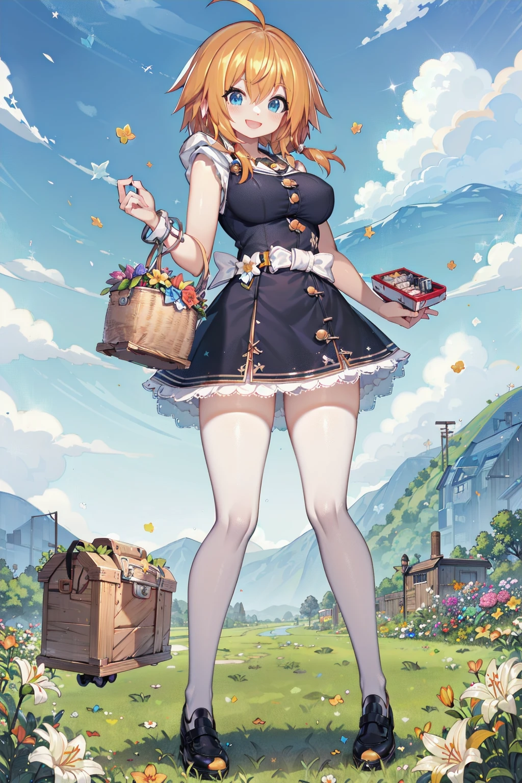 masterpiece, absurdres, highland, mountain, sky, flower garden, lily \(flower\), wind, full body, landscape
standing, holding lunchbox, basket, smile, action
tkle, hood, quilted clothes, orange hair
<lyco:uchihime-twinkle-t3:0.7>