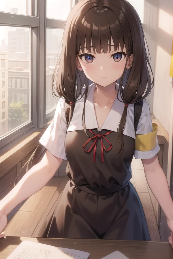 mikoiino, <lora:mikoiinotest:1>,
miko iino, blunt bangs, (brown eyes:1.5), brown hair, hair tie, long hair, low twintails, red ribbon, ribbon, twintails, (small breast:1.2),
BREAK black dress, dress, pinafore dress, school uniform, shirt, short sleeves, shuuchiin academy school uniform, white shirt, armband,
BREAK looking at viewer,
BREAK indoors, classroom,
BREAK <lora:GoodHands-vanilla:1>, (masterpiece:1.2), best quality, high resolution, unity 8k wallpaper, (illustration:0.8), (beautiful detailed eyes:1.6), extremely detailed face, perfect lighting, extremely detailed CG, (perfect hands, perfect anatomy),