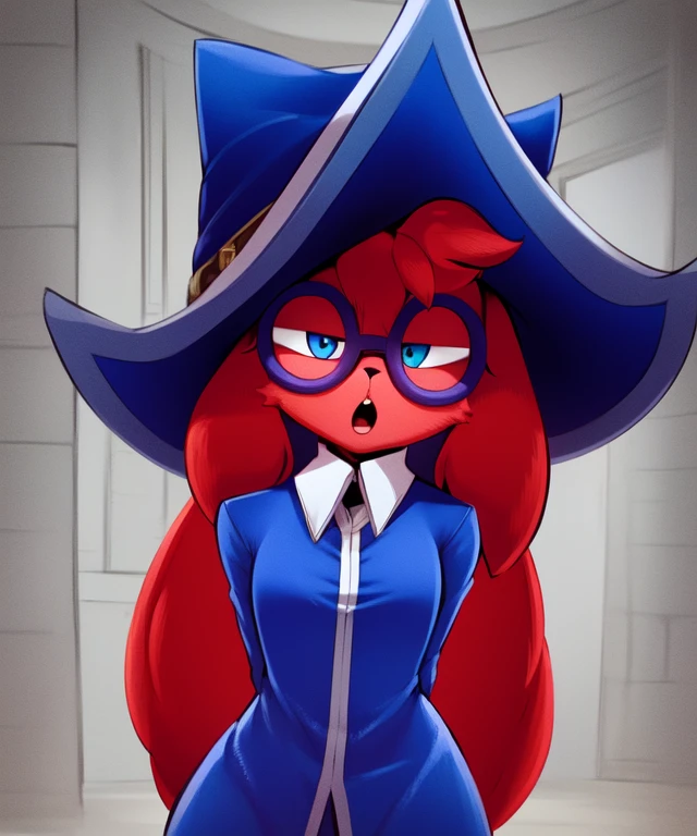 Moji,red fur, blue eyes, solo , standing,  nervous,  cowboy shot, 
MJRobe,blue coat,white gloves,hat, glasses, 
fantasy,  potion shop, 
(insanely detailed, beautiful detailed face, beautiful detailed eyes, masterpiece, best quality) cinematic lighting, <lora:Moji:0.7>