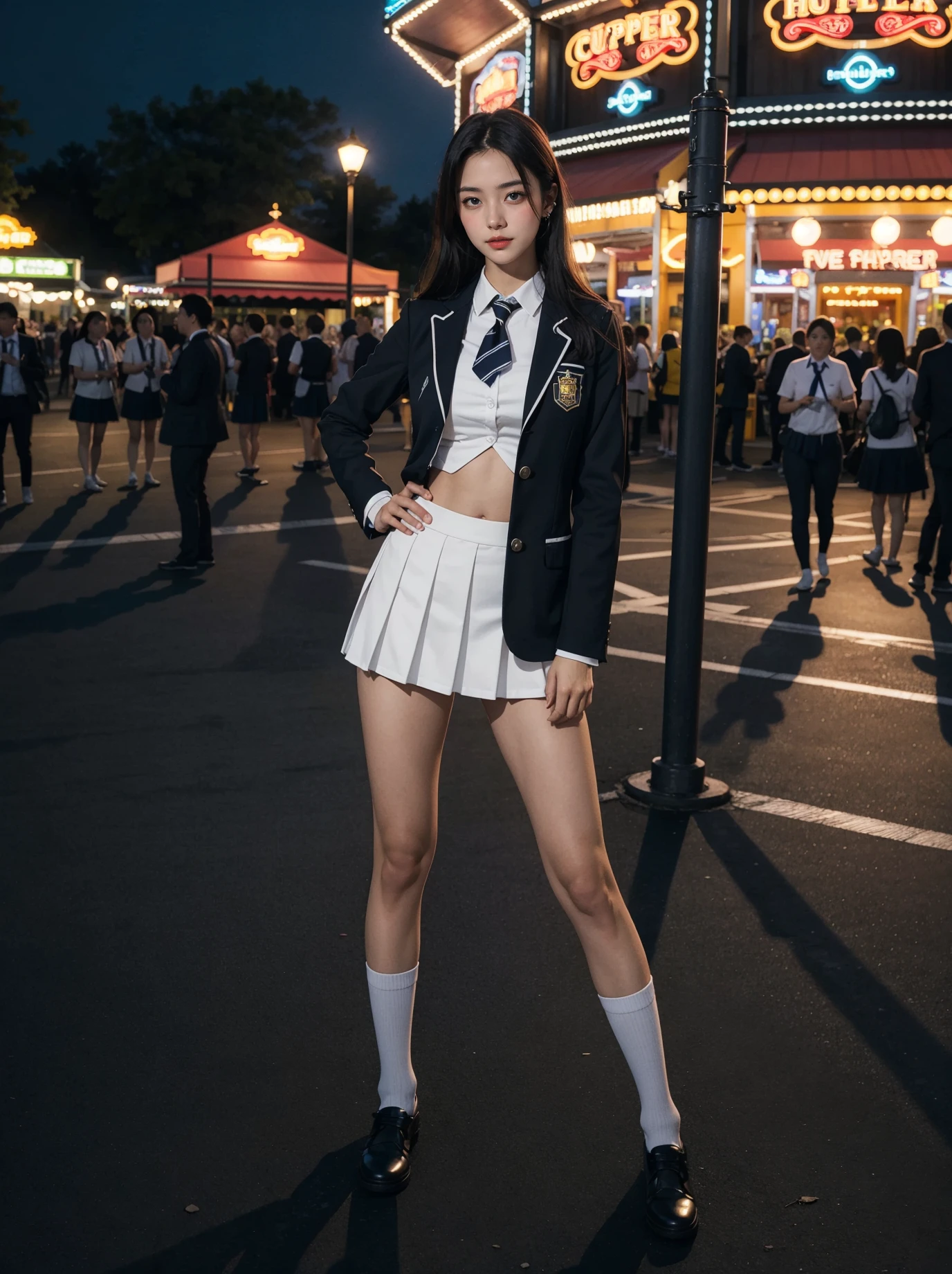 1girl, solo, full body and pose,
night, amusement park background,
(long hair:1.1),
(school uniform:1.2),
(Straight breasts:1.1),medium breasts,
(17 years old handsome model),best quality, absurdres, Photography, sharp focus:1.4, (RAW photo, photorealistic, masterpiece, best quality, ultra high res), (super_detail, hyper_detail, finely_detailed),