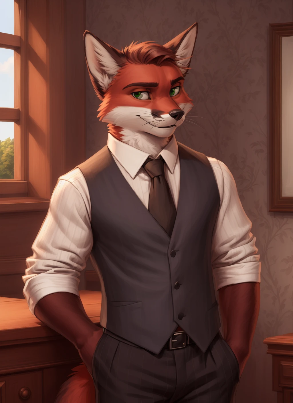 <lora:murdochV2-08:0.6>, murdoch, green eyes, mature male, fox tail, (pose:1.3), (posing:1.3), (soft shading), 4k, hi res, ((detailed face, (detailed eyes:1.0), detailed)), (full body), by zackarry911, by zaush, (by personalami:0.5), looking at viewer, smile, shirt, 1boy, holding, closed mouth, standing, white shirt, male focus, necktie, striped, collared shirt, pants, artist name, indoors, vest, fox ears, watermark, formal, cat, black necktie, sleeves rolled up, pocket, hand in pocket, camera, pinstripe pattern, grey vest, striped pants