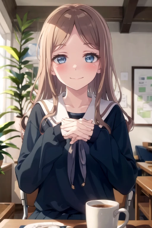 <lora:NagasakiSoyo-10:0.7> , soyomygo, 1girl, solo, long hair, looking at viewer, blush, smile, blue eyes, brown hair, shirt, long sleeves, sitting, closed mouth, school uniform, upper body, serafuku, indoors, sailor collar, blurry, cup, parted bangs, depth of field, blurry background, chair, own hands together, plant, interlocked fingers, mug