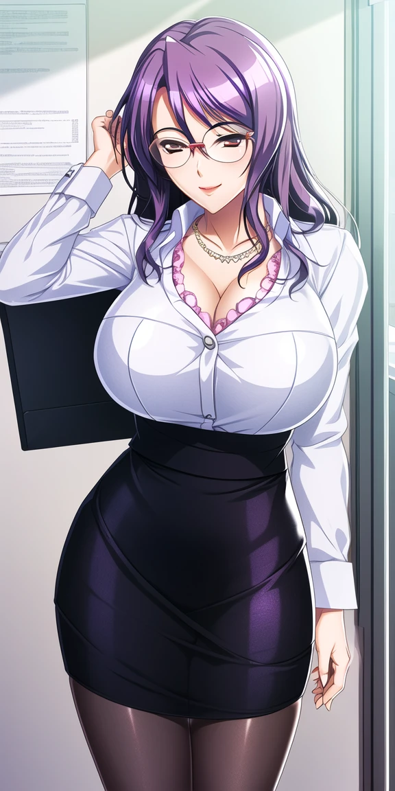 masterpiece, best quality, game cg,highly_detailed,extremely_detailed_CG_unity_8k_wallpaper,illustration,highres,absurdres,pov, window shade, light particles,
(1girl:1.2), (portrait:1.3), upper body, indoors, (pov), (office lady), milf, (mature female:1.3), office,
good_eye,Beautiful body,Beautiful Nose,Beautiful character design, perfect eyes, perfect face,
(black pantyhose), frilled skirt, (lace-trimmed dress), (pencil skirt), white shirt, long sleeves, necklace, suit, lipstick, earrings, high-waist skirt, very long hair,
(smile:1.2), (adjusting hair), closed mouth, looking at viewer, (round eyewear), purple hair,  <lora:Takamiya_Touka_lorav2:0.7>