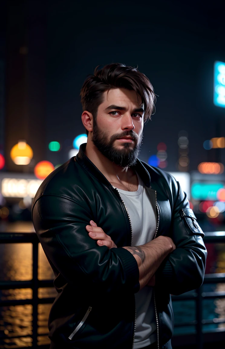 1boy, beard, (blurry, bokeh), night, looking at viewer, contrast, neon, oversized jacket, biceps,