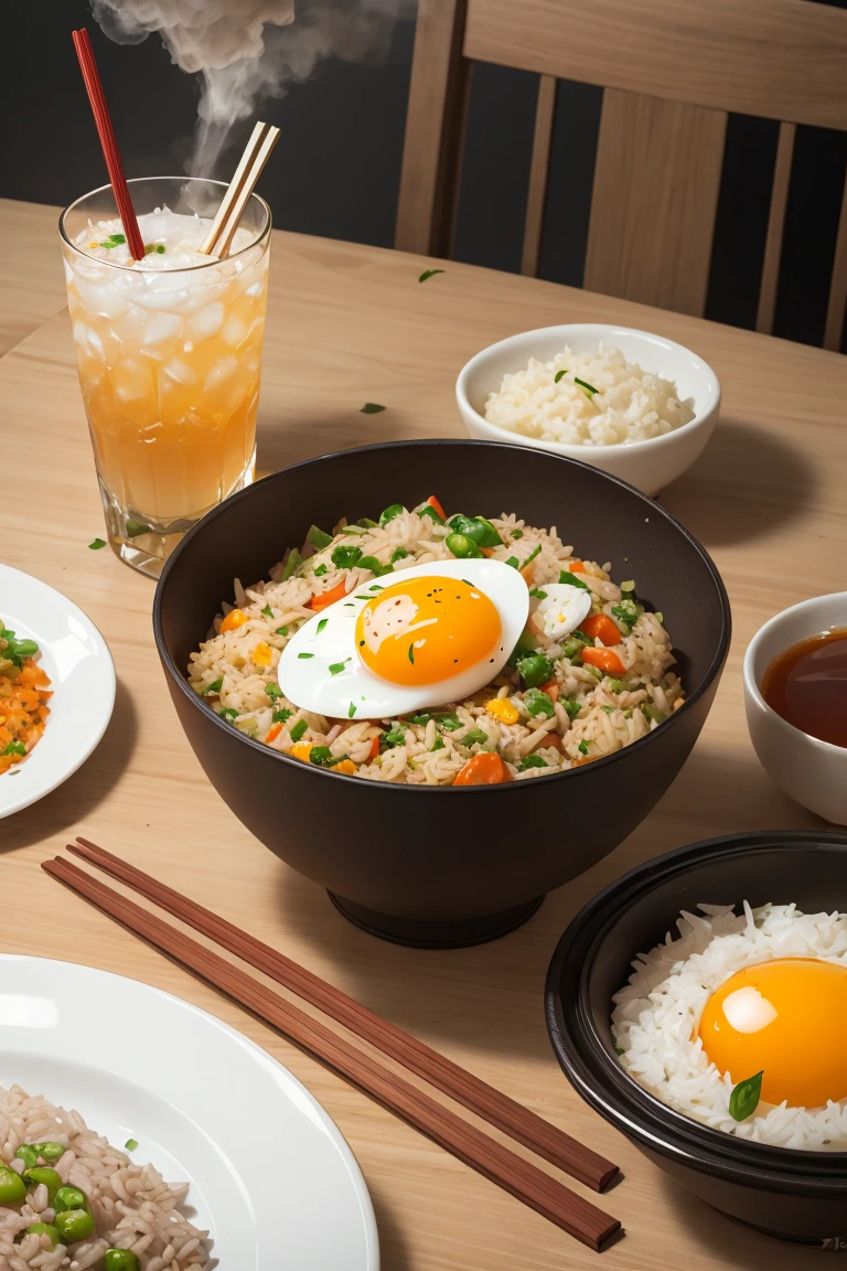 ultra detailed 8k RAW photo, Chinese Fried Rice, a pair of chopsticks, egg, steam,serving size,drinks,