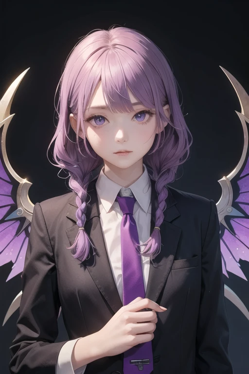 a girl in black suit and purple tie and purple hair,twin braids,deamon wings,upper body,