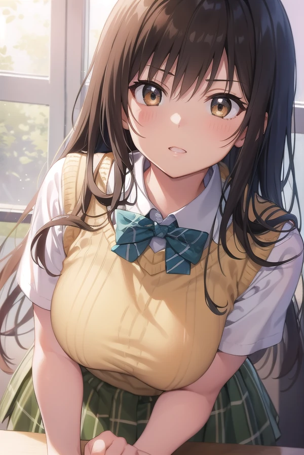 kotegawayui, <lora:yuikotegawatest:1>,
yui kotegawa, black hair, (brown eyes:1.5), long hair,
BREAK green skirt, plaid, plaid skirt, sainan high school uniform, school uniform, skirt, sweater vest, (yellow sweater:1.3), short sleeves,
BREAK looking at viewer,
BREAK indoors, classroom,
BREAK <lora:GoodHands-vanilla:1>, (masterpiece:1.2), best quality, high resolution, unity 8k wallpaper, (illustration:0.8), (beautiful detailed eyes:1.6), extremely detailed face, perfect lighting, extremely detailed CG, (perfect hands, perfect anatomy),