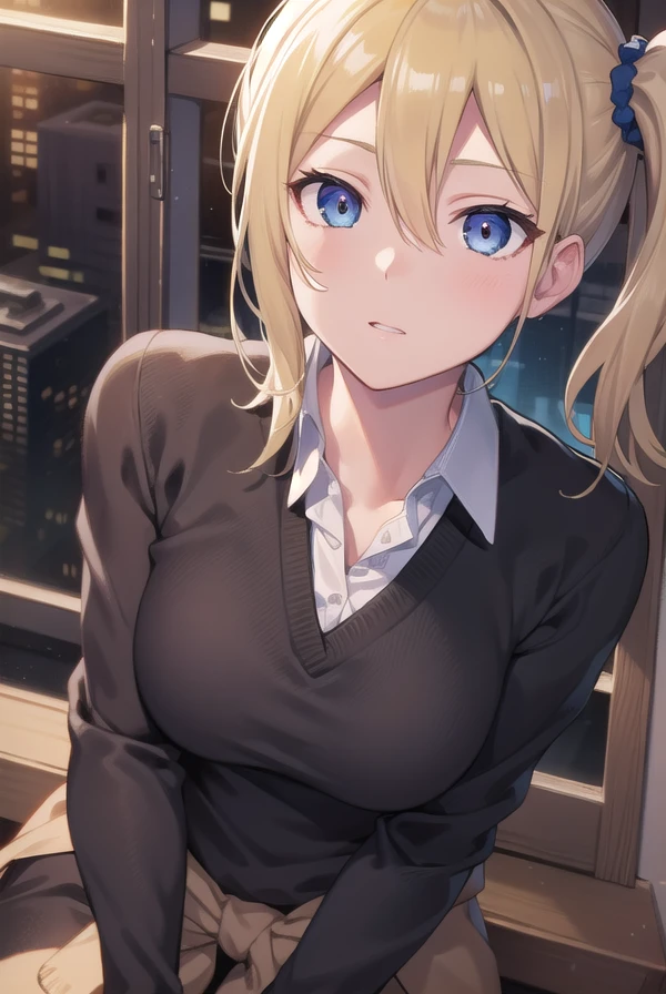aihayasaka, <lora:aihayasakatest:1>,
ai hayasaka, blonde hair, blue eyes, blue scrunchie, hair between eyes, hair scrunchie, long hair, scrunchie, side ponytail, sidelocks,
BREAK black sweater, blouse, cardigan, cardigan around waist, clothes around waist, collared shirt, dress shirt, long sleeves, school uniform, shirt, shuuchiin academy school uniform, skirt, sweater, white shirt,
BREAK looking at viewer,
BREAK indoors, classroom,
BREAK <lora:GoodHands-vanilla:1>, (masterpiece:1.2), best quality, high resolution, unity 8k wallpaper, (illustration:0.8), (beautiful detailed eyes:1.6), extremely detailed face, perfect lighting, extremely detailed CG, (perfect hands, perfect anatomy),